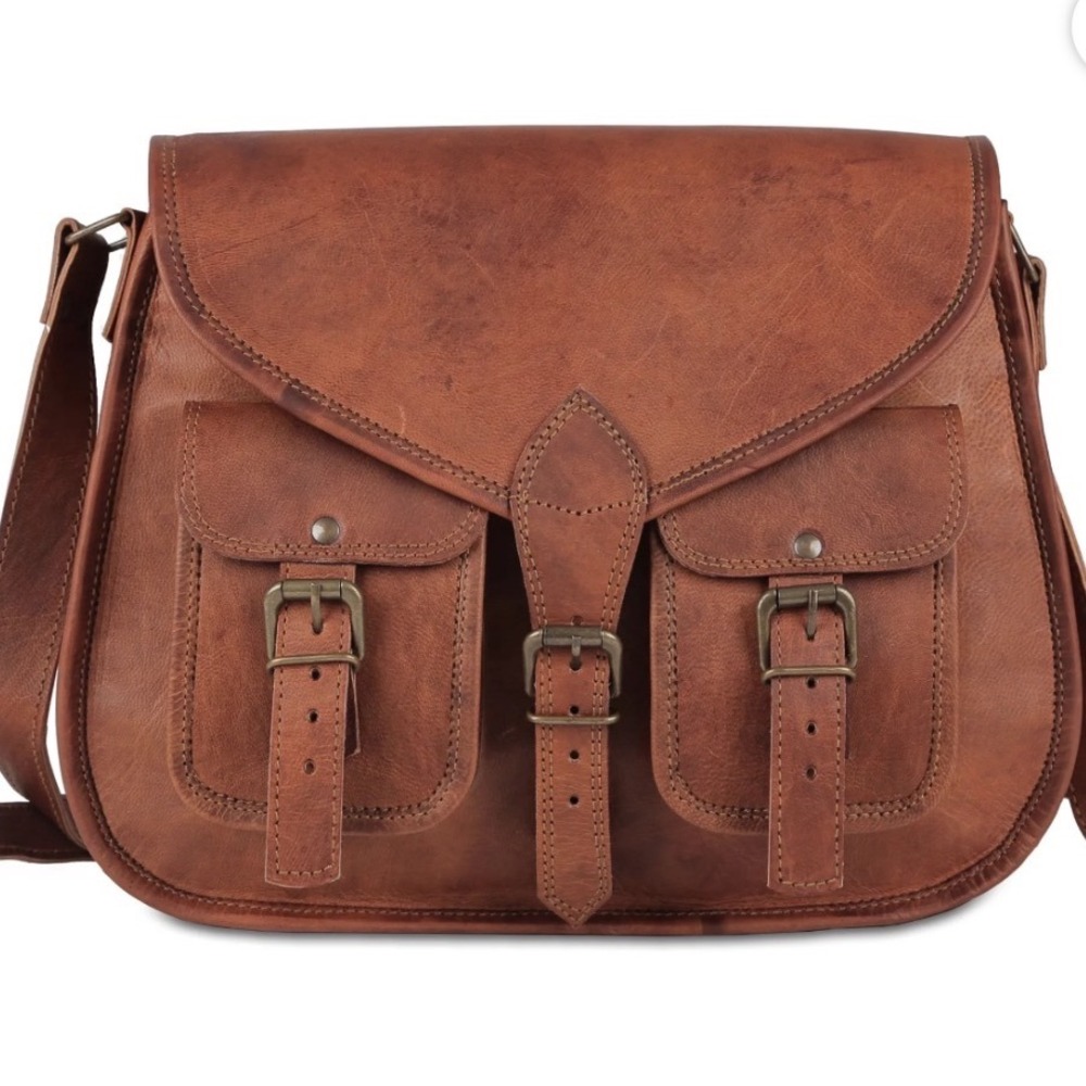 Komal\'s Passion Leather Brown Distressed Satchel Boho Messenger Crossbody Bag